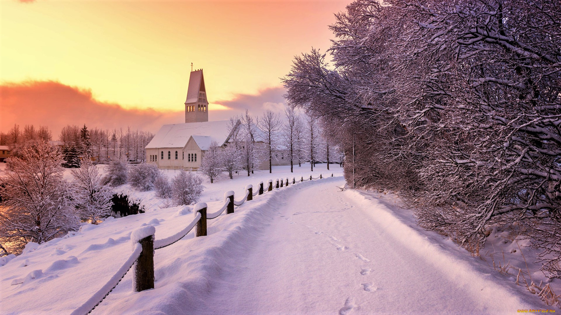 , - , snow, tree, road, , winter, church, building, , , 